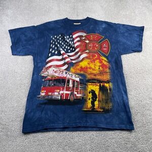 VINTAGE The Mountain Shirt Mens Large Blue Firefighter‎ Engine American Flag Y2K